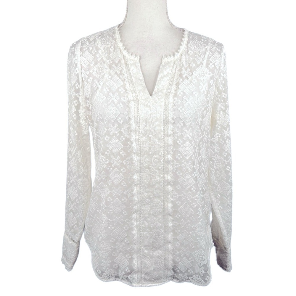 NYDJ‎ White Boho Embroidered V-Neck Long Sleeve Top Size XS
